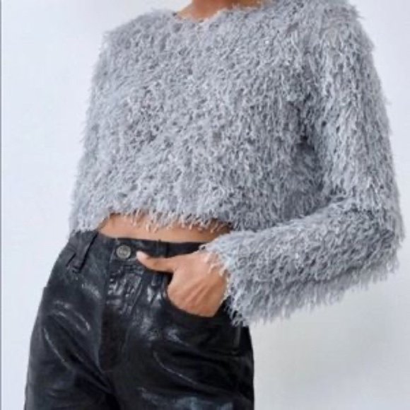 Zara crop feather  long sleeve crew neck top - Picture 2 of 7